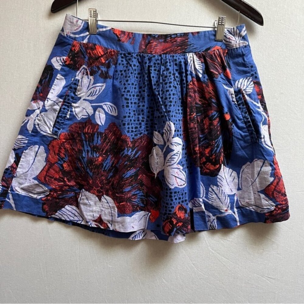 Edme Esyllte Anthropologie Blue Red Floral Cotton A Line Skirt w/ Pockets Size S